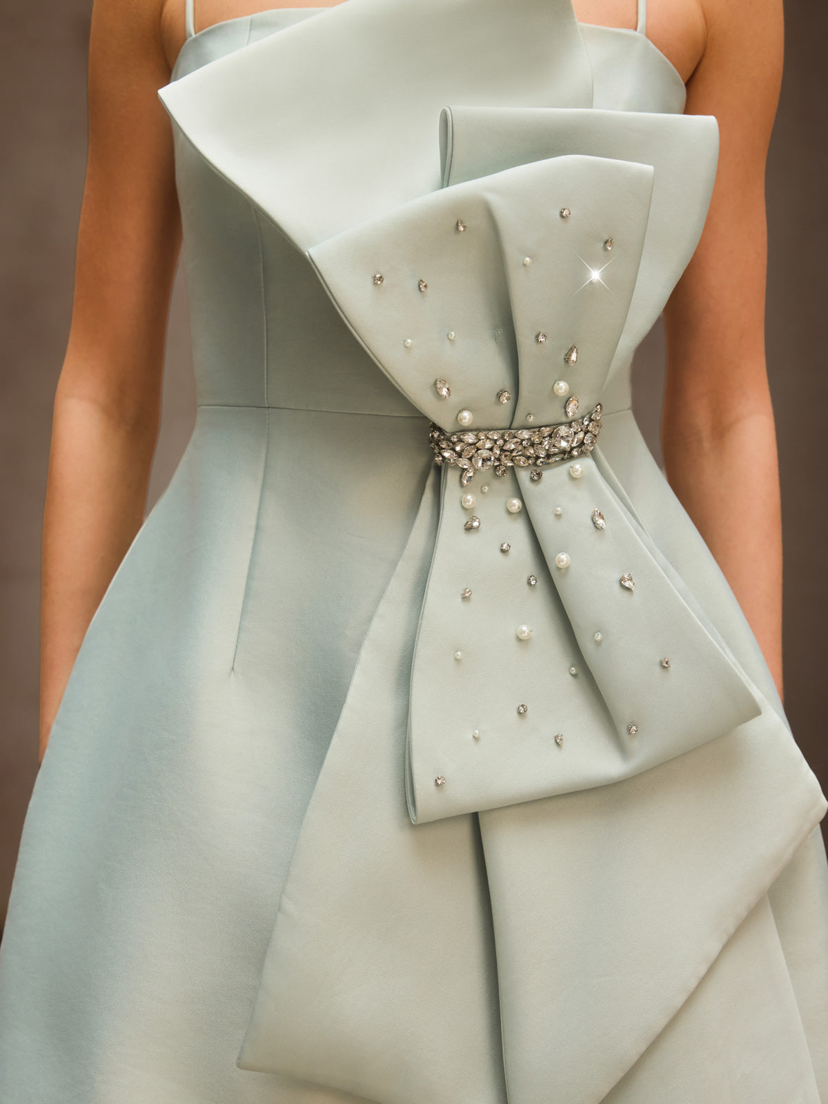 Dracen Spaghetti Bow Rhinestone Mini Dress In Green