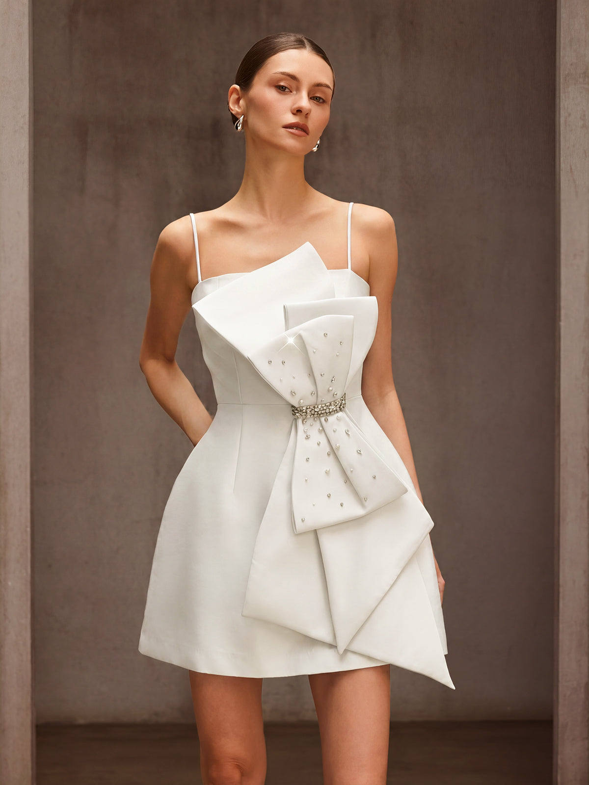 Dracen Spaghetti Bow Rhinestone Mini Dress In White