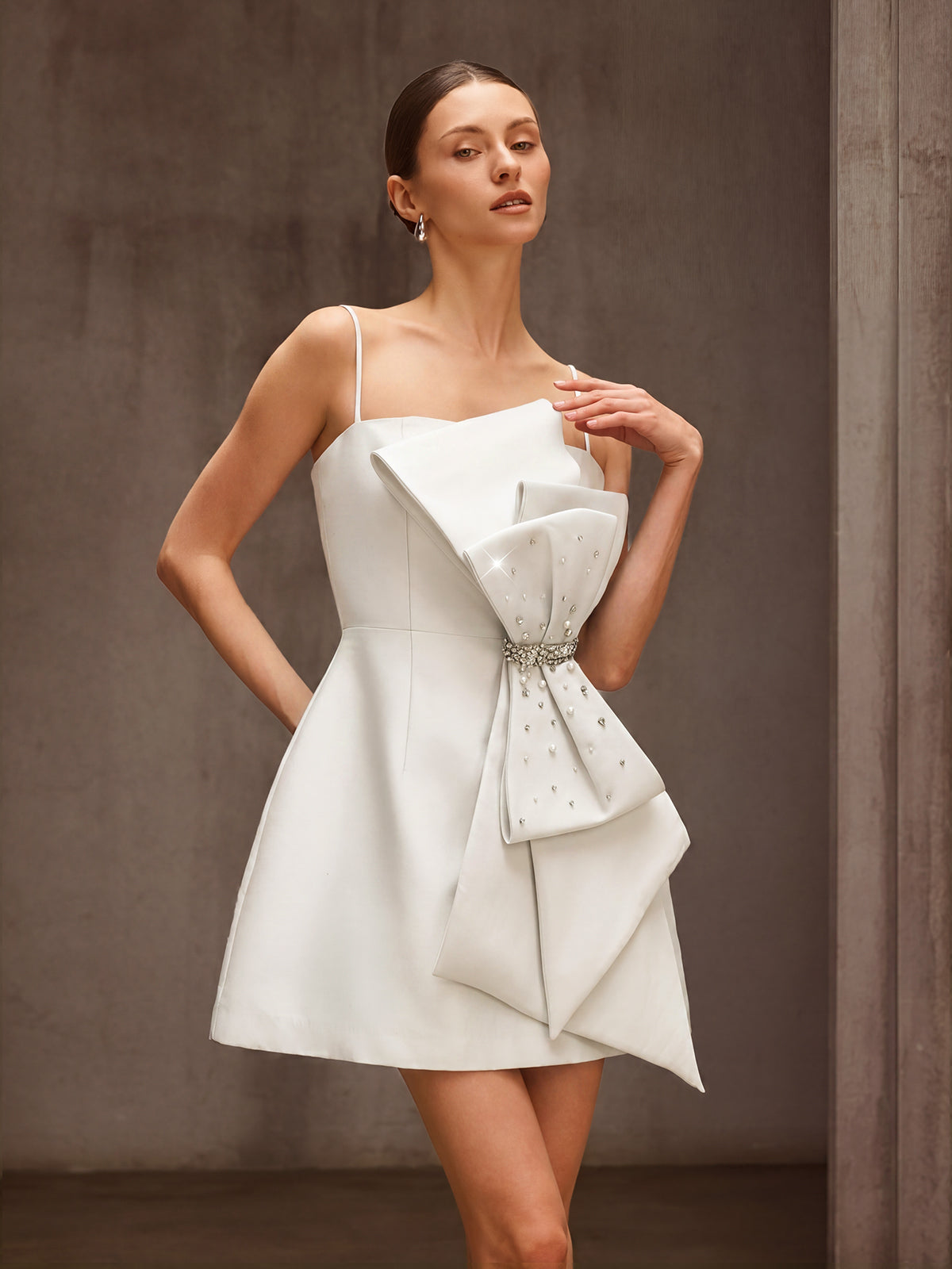 Dracen Spaghetti Bow Rhinestone Mini Dress In White