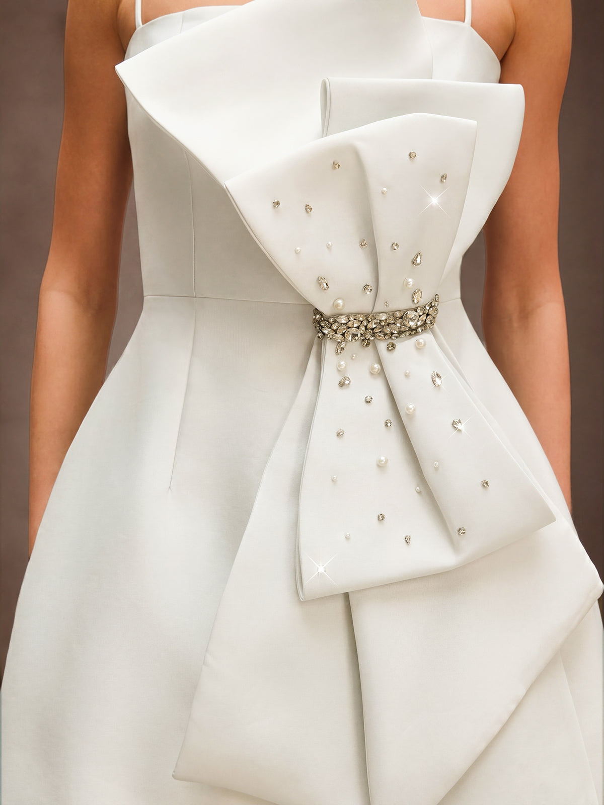 Dracen Spaghetti Bow Rhinestone Mini Dress In White