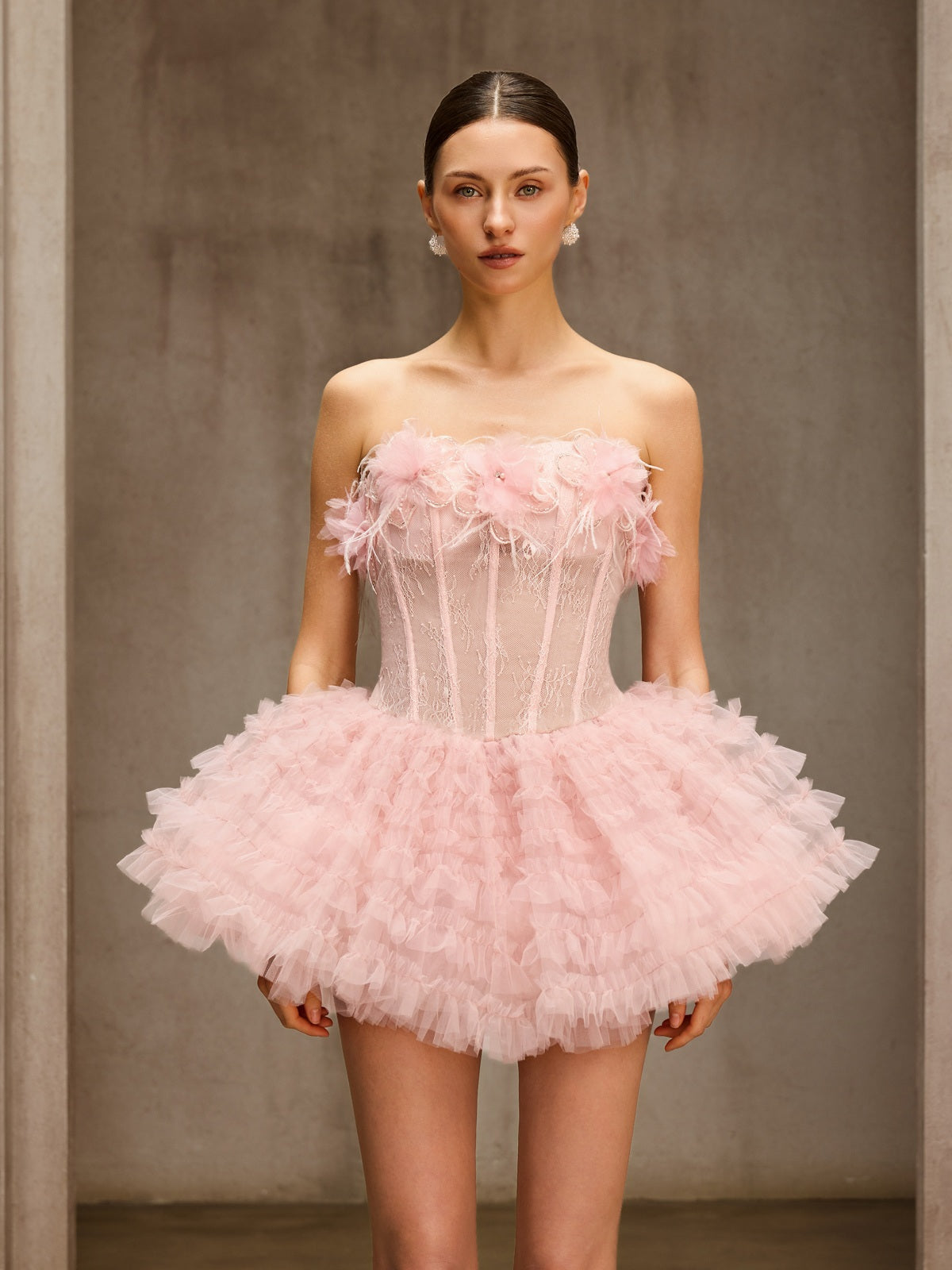Dracon Strapless Lace Tulle Trimmed Mini Dress