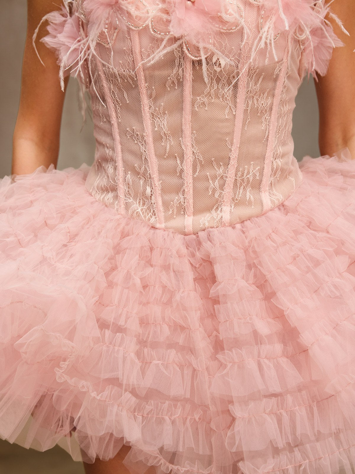 Dracon Strapless Lace Tulle Trimmed Mini Dress