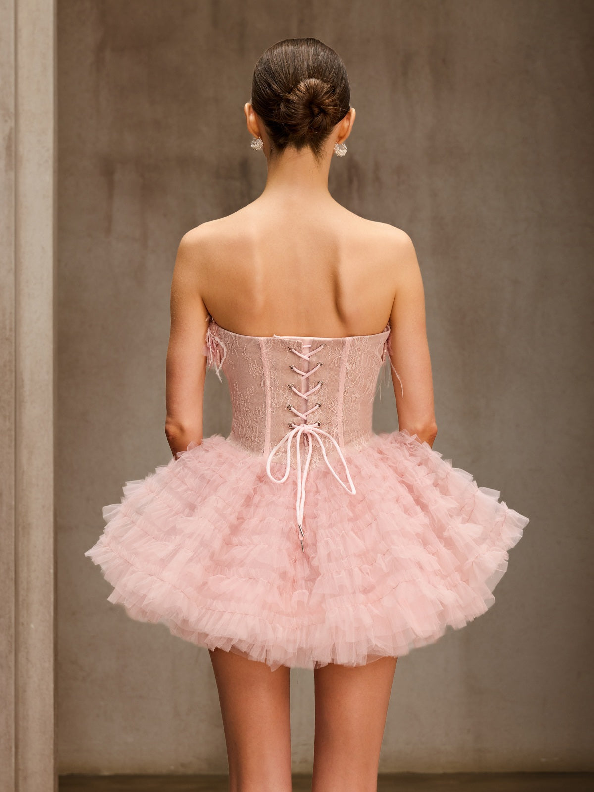 Dracon Strapless Lace Tulle Trimmed Mini Dress