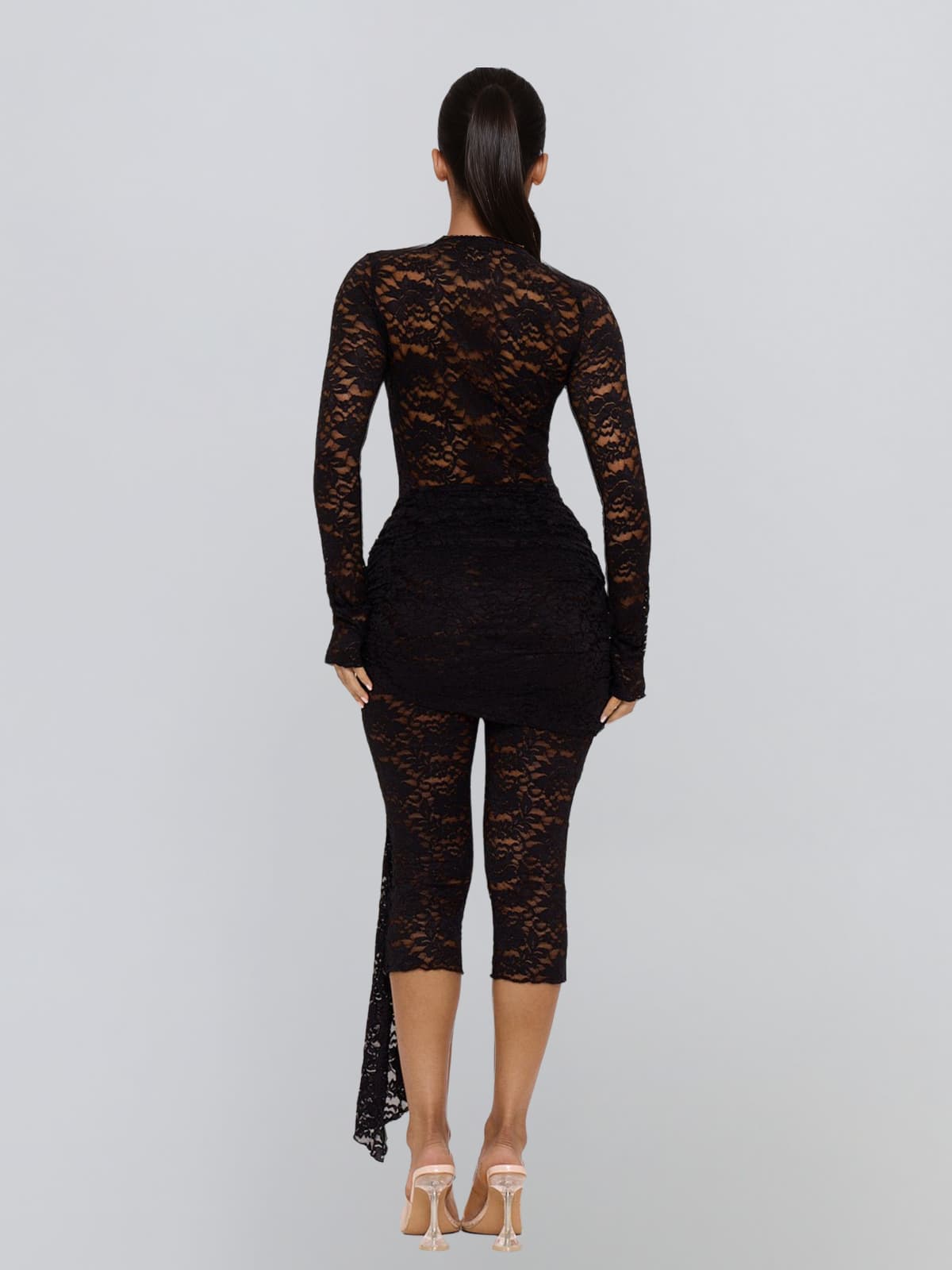 Draelyric Plunge Neck Lace Capri Jumpsuit In Black