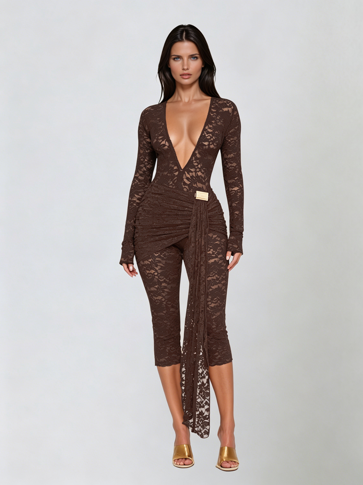 Draelyric Plunge Neck Lace Capri Jumpsuit In Coffee