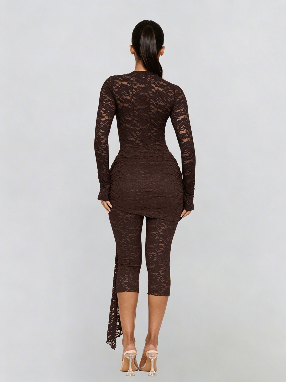 Draelyric Plunge Neck Lace Capri Jumpsuit In Coffee