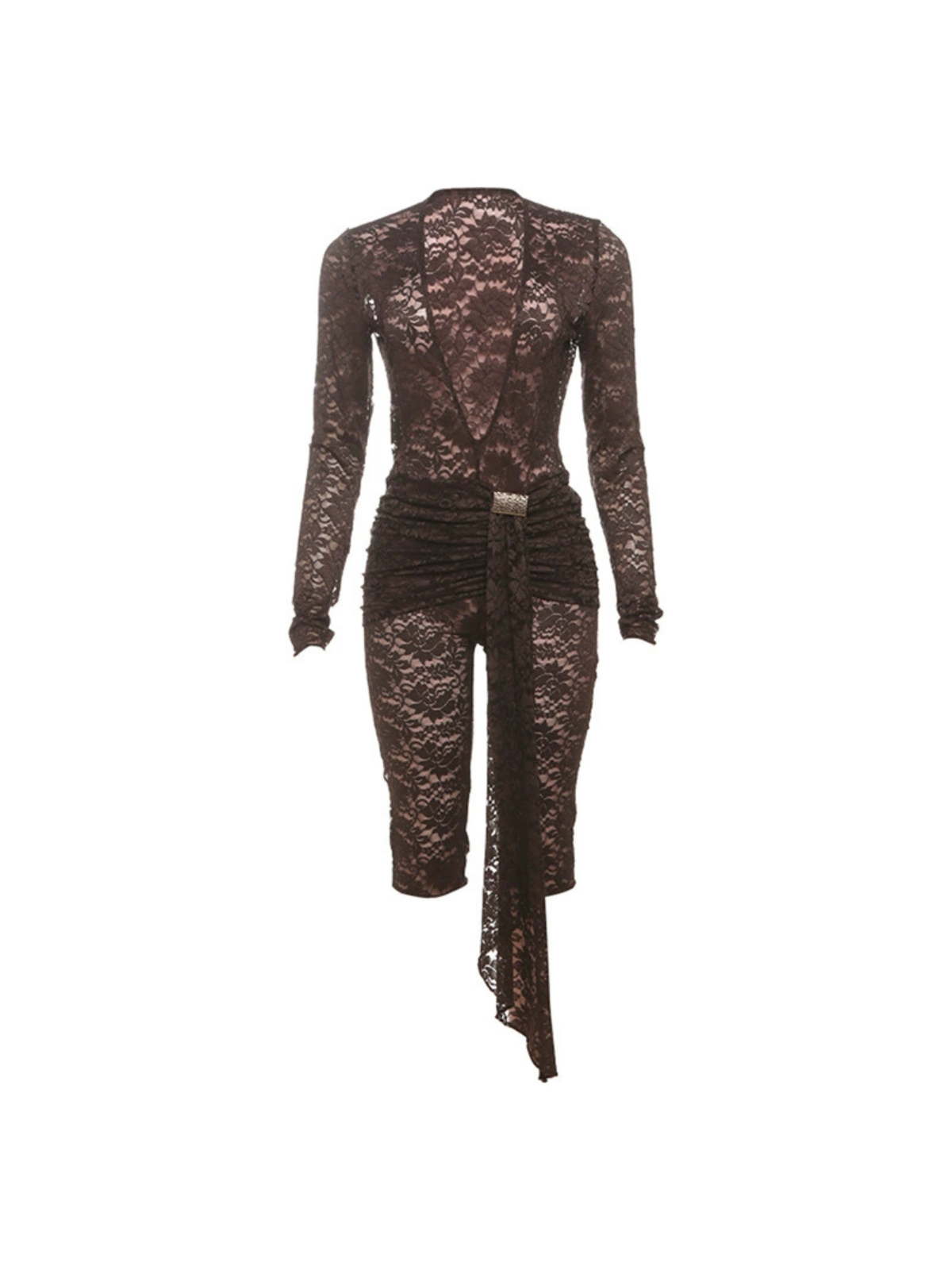 Draelyric Plunge Neck Lace Capri Jumpsuit In Coffee