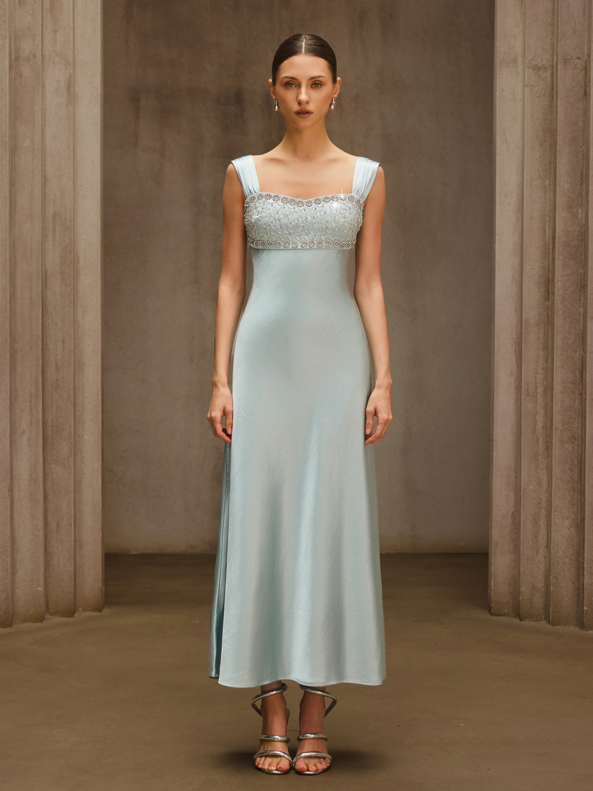 Draper Sleeveless Rhinestone Satin Dress