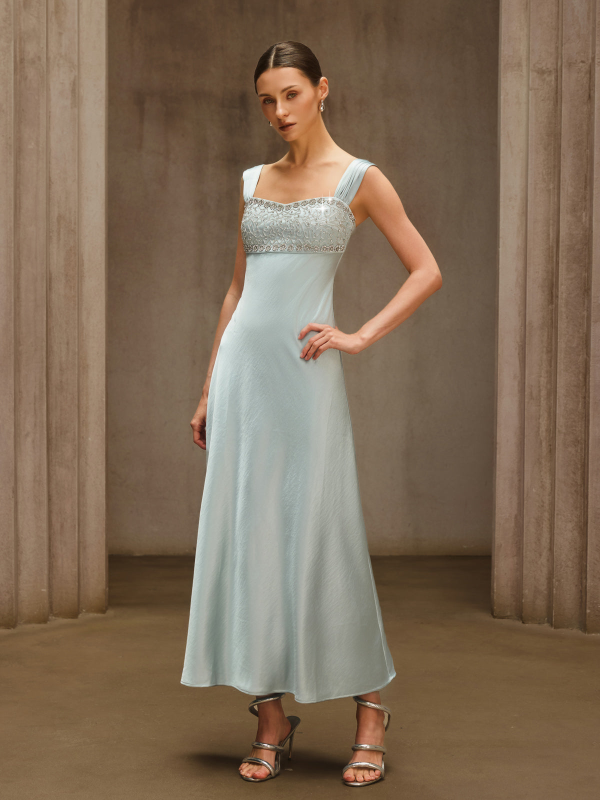 Draper Sleeveless Rhinestone Satin Dress