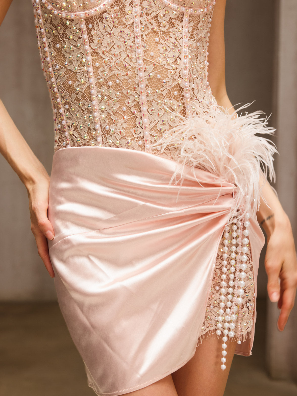 Draxen Spaghetti Rhinestone Lace Dress