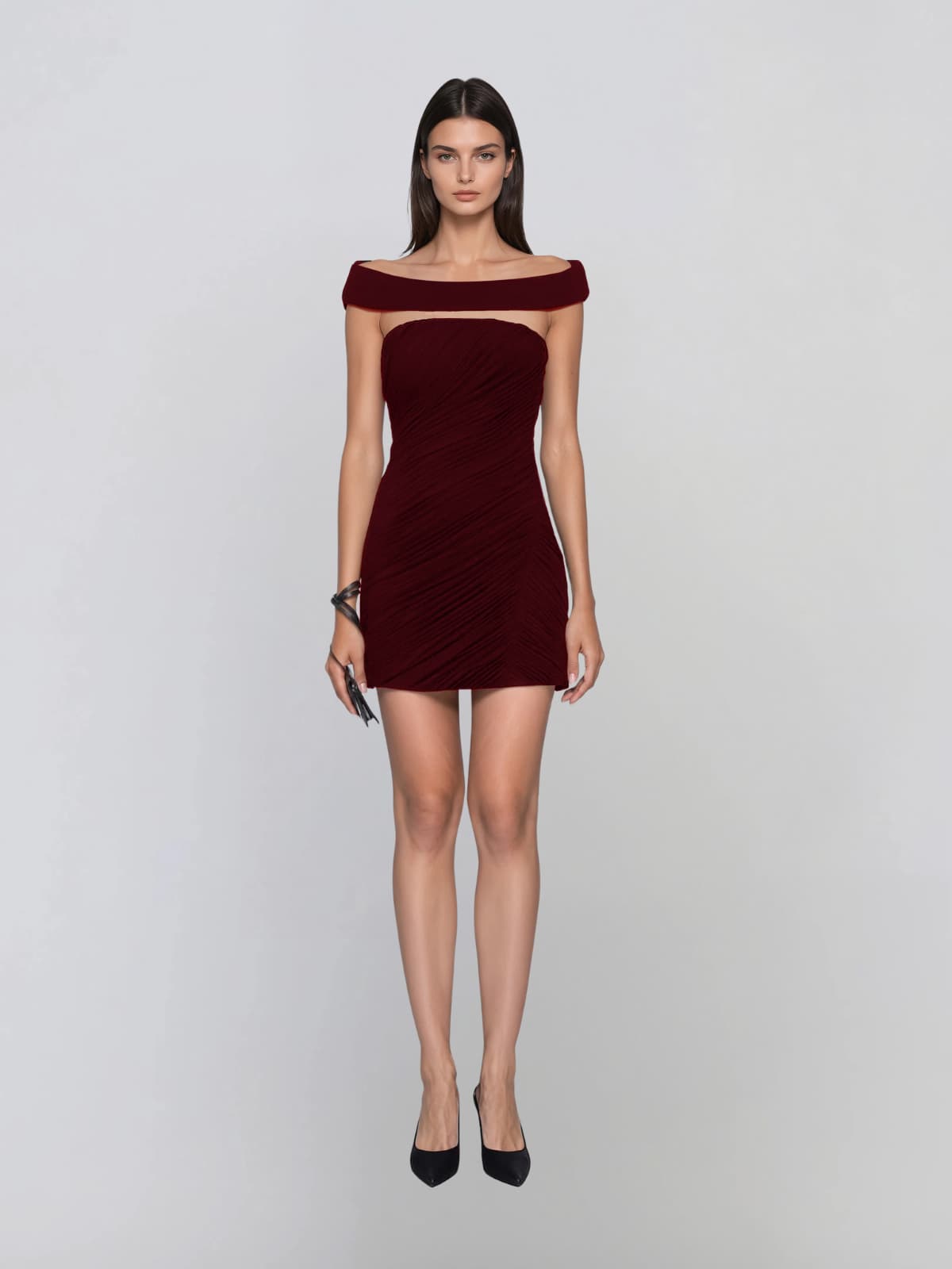 Draxenor Off Shoulder Ruched Mini Dress In Wine