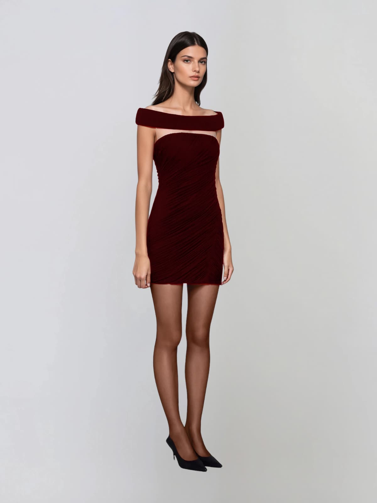 Draxenor Off Shoulder Ruched Mini Dress In Wine