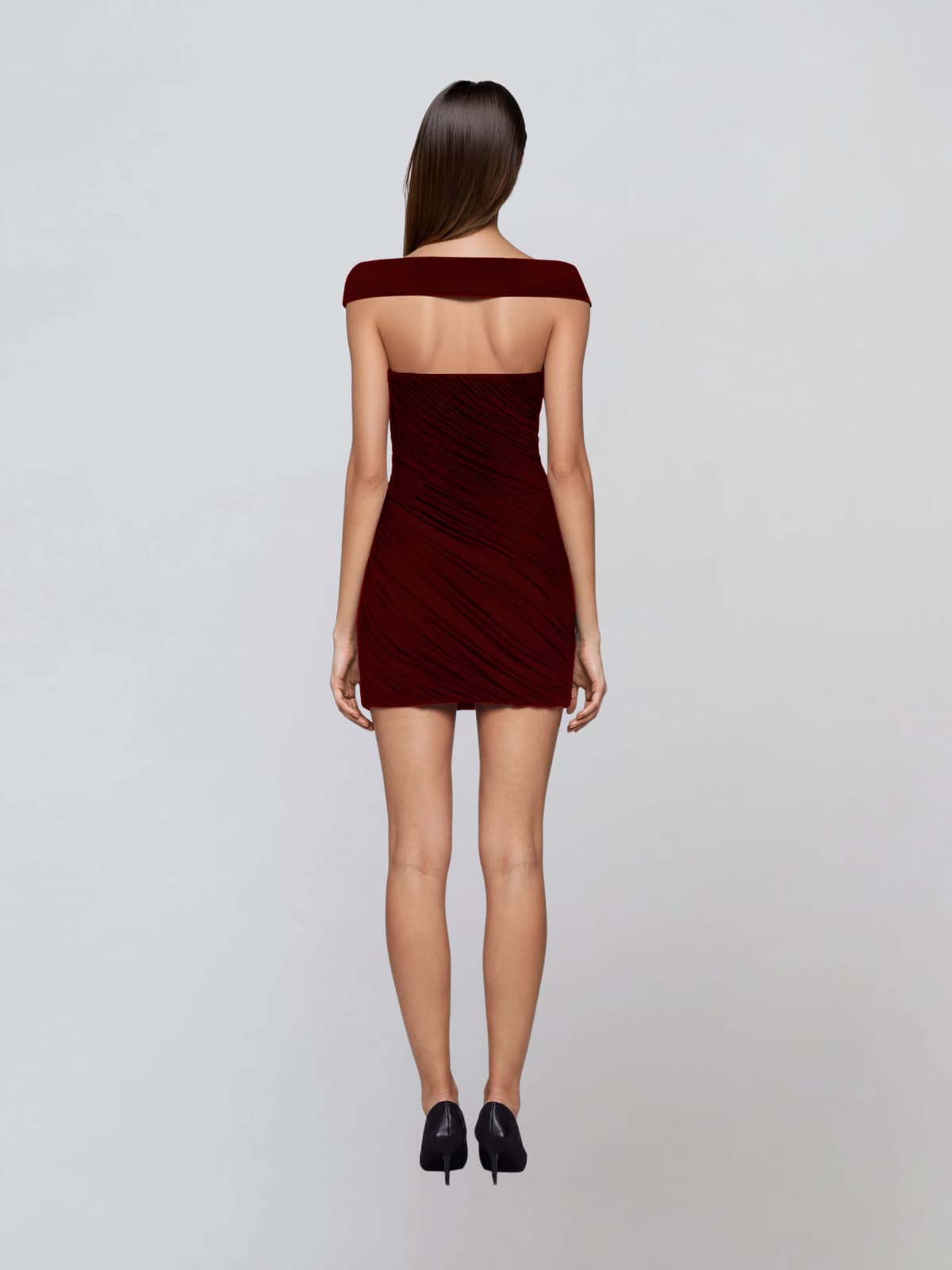 Draxenor Off Shoulder Ruched Mini Dress In Wine