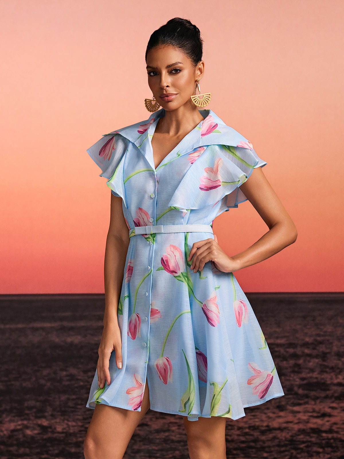 Drelin V Neck Floral Mini Dress With Belt