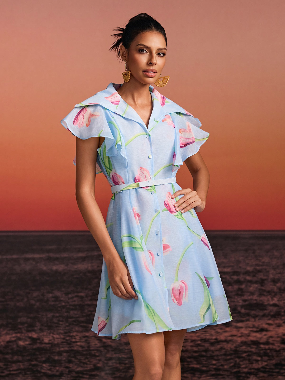 Drelin V Neck Floral Mini Dress With Belt