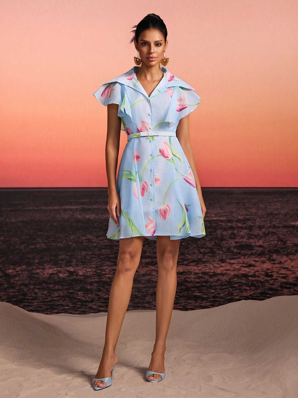 Drelin V Neck Floral Mini Dress With Belt