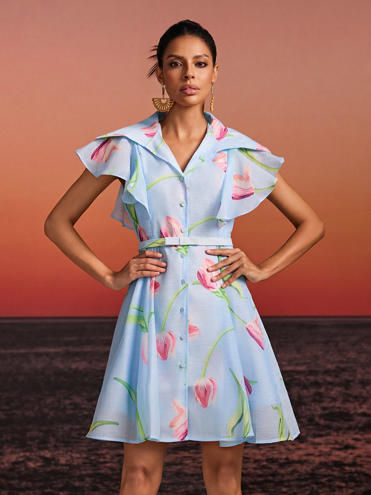 Drelin V Neck Floral Mini Dress With Belt
