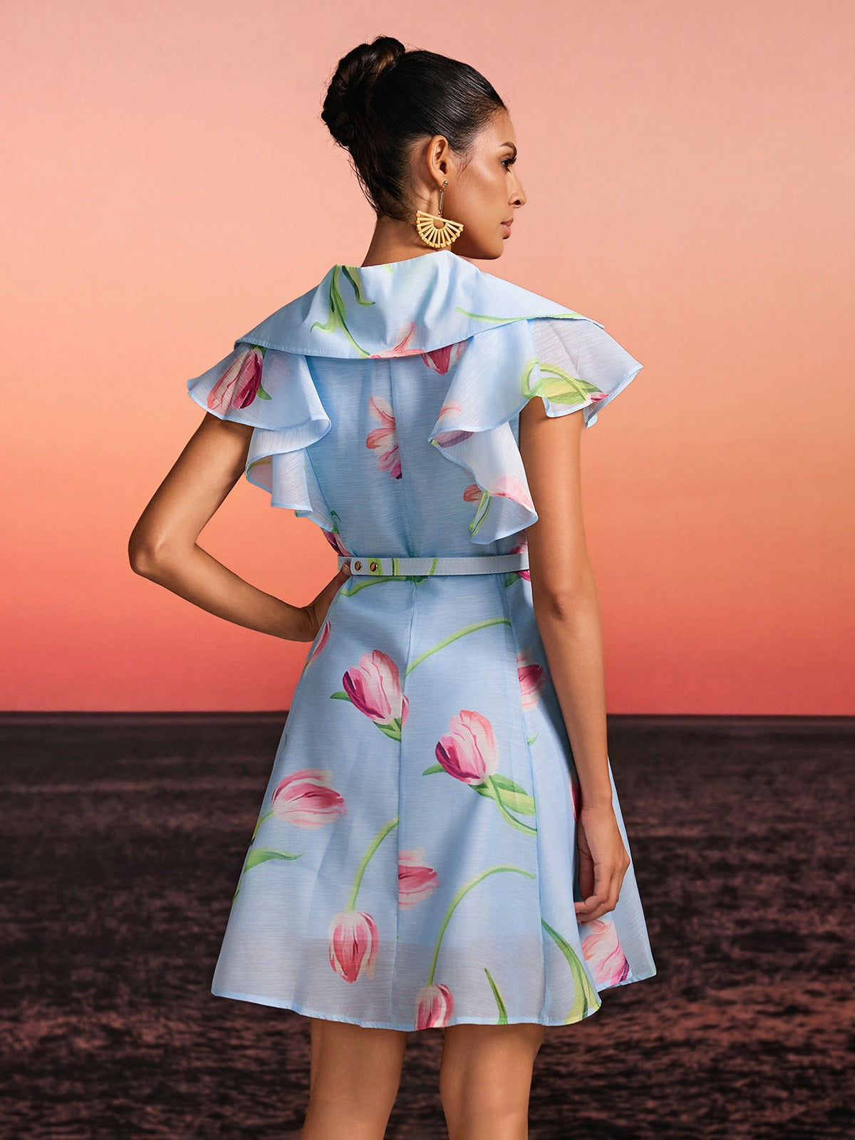 Drelin V Neck Floral Mini Dress With Belt