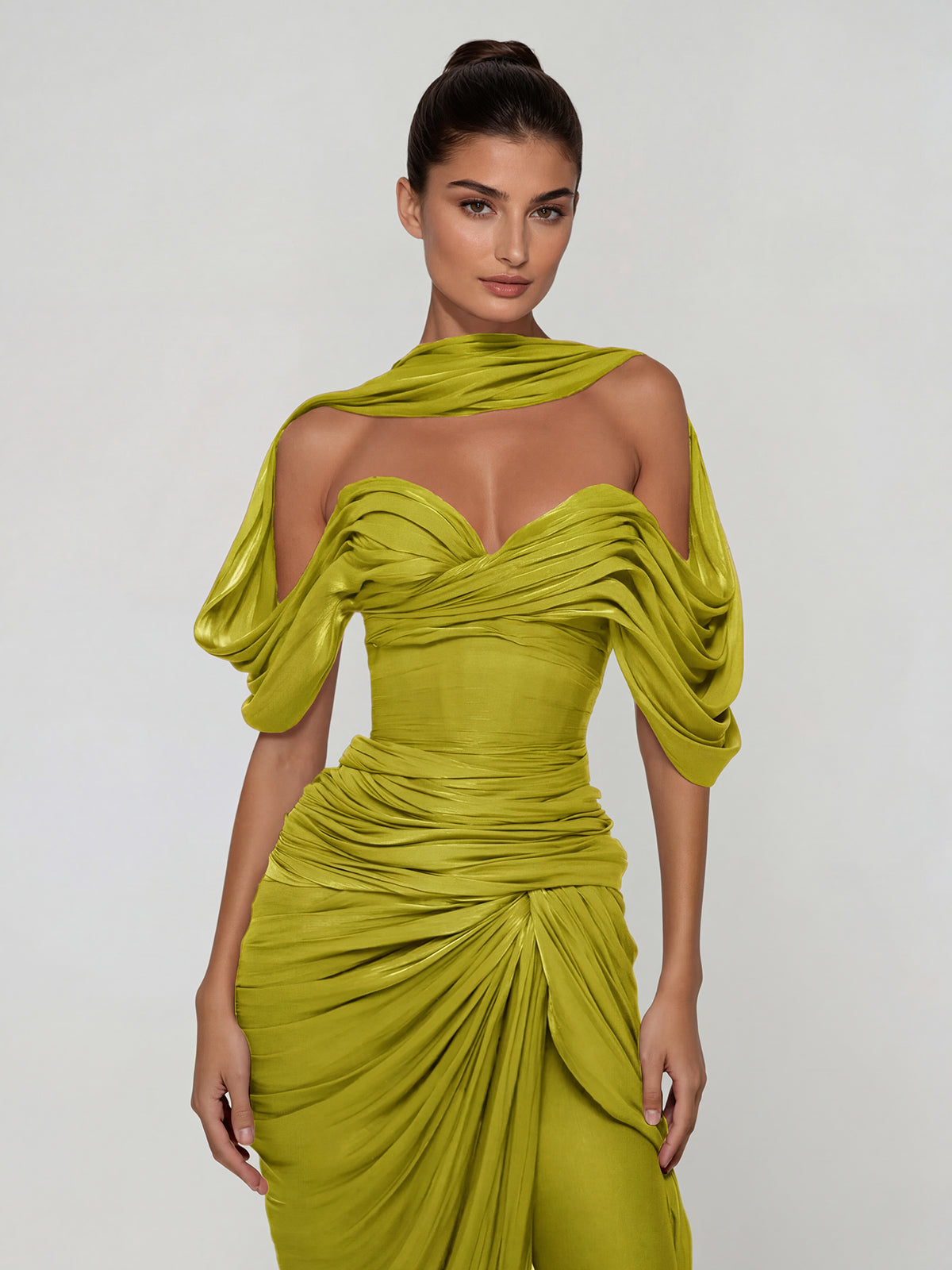 Drexen Off Shoulder Draped Maxi Dress In Chartreuse