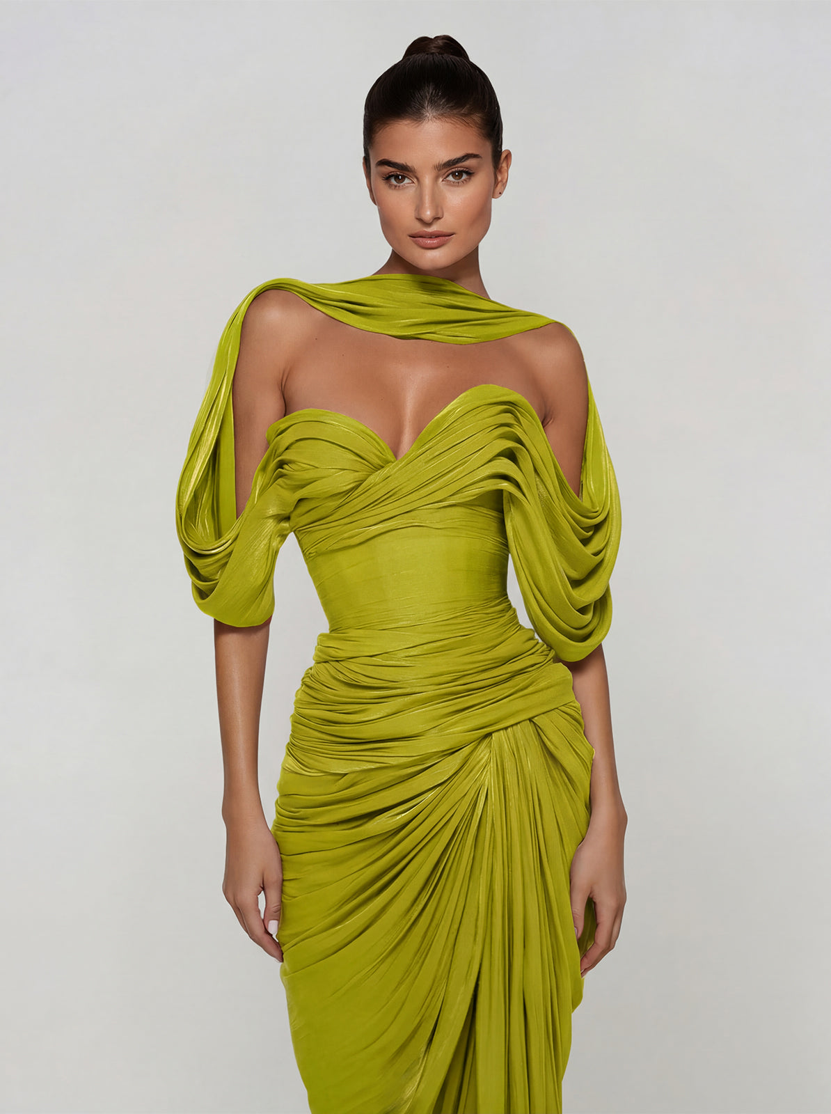 Drexen Off Shoulder Draped Maxi Dress In Chartreuse