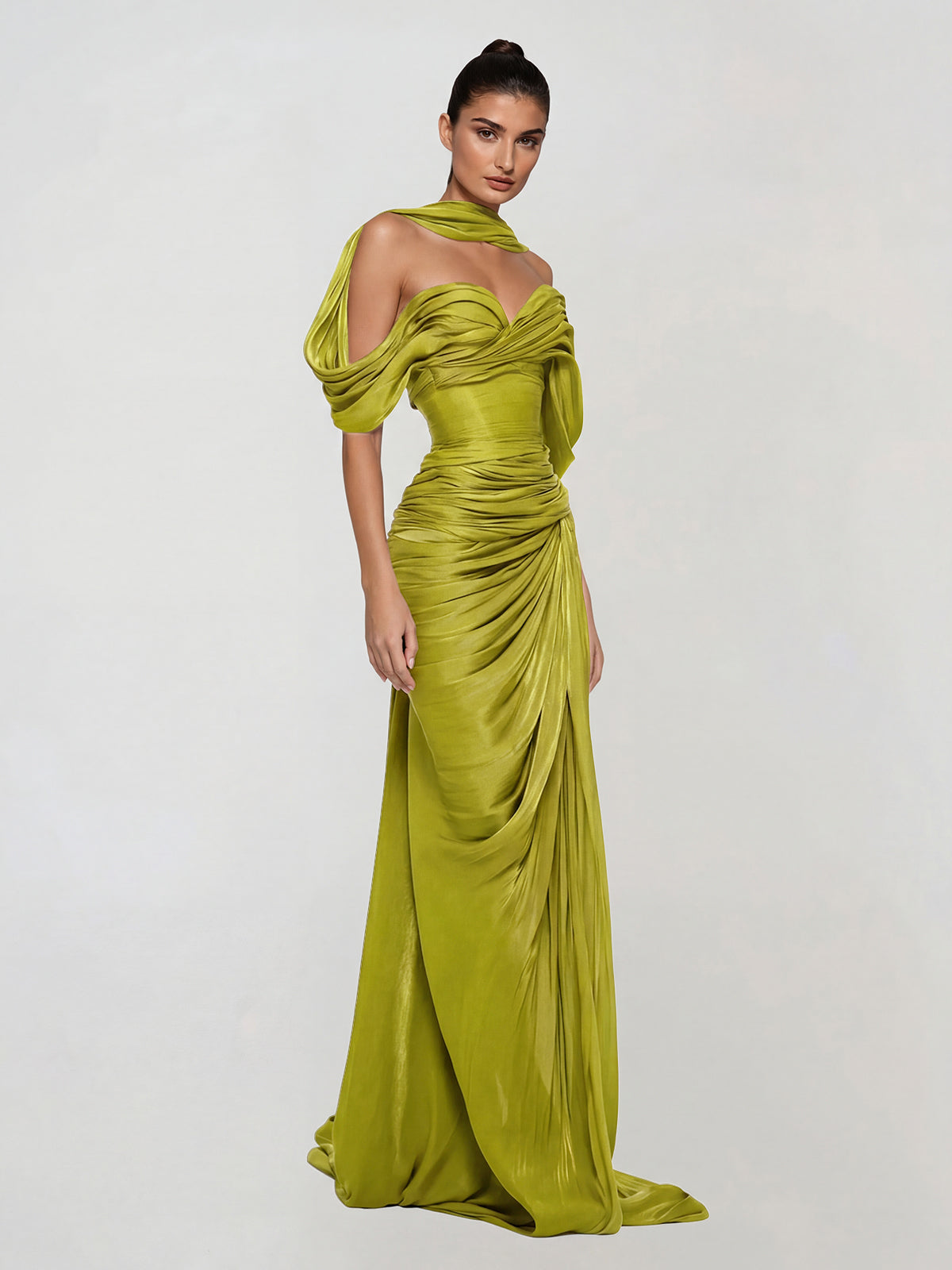 Drexen Off Shoulder Draped Maxi Dress In Chartreuse