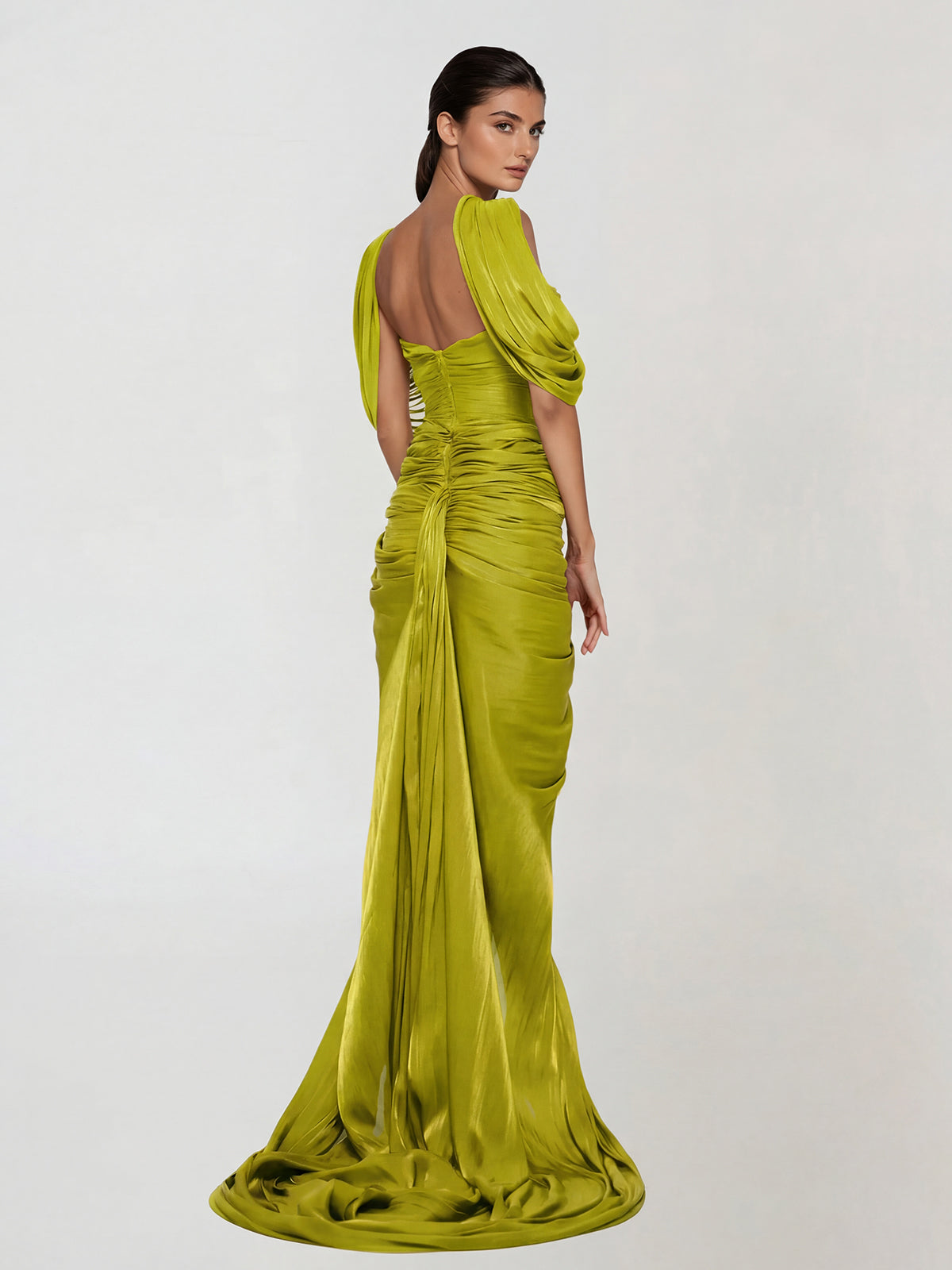 Drexen Off Shoulder Draped Maxi Dress In Chartreuse