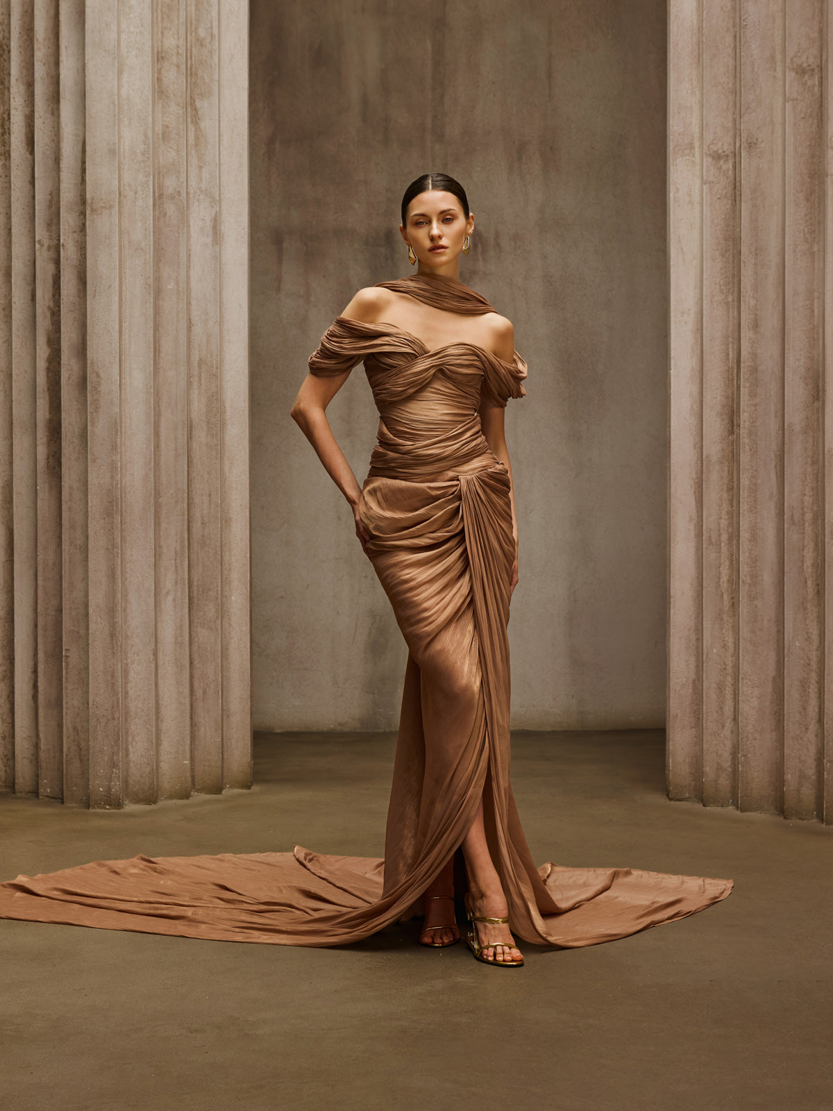 Drexen Off Shoulder Draped Maxi Dress In Khaki