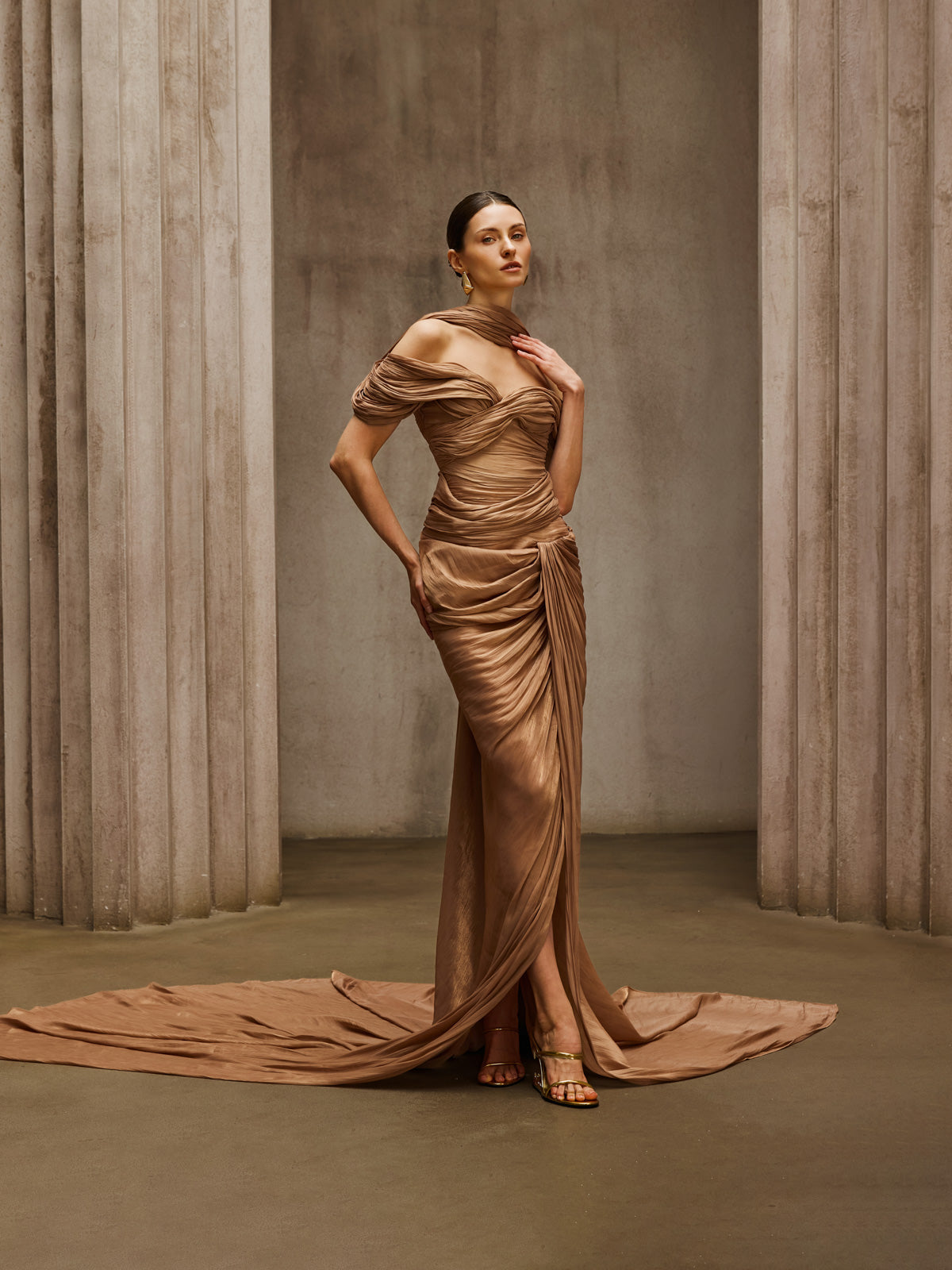 Drexen Off Shoulder Draped Maxi Dress In Khaki
