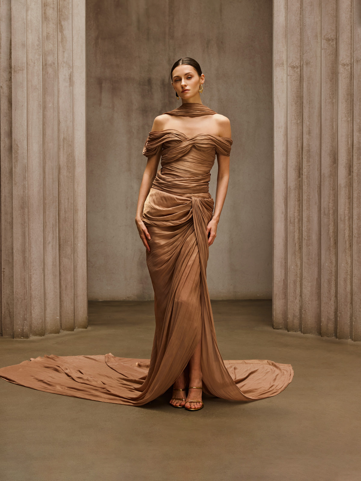 Drexen Off Shoulder Draped Maxi Dress In Khaki