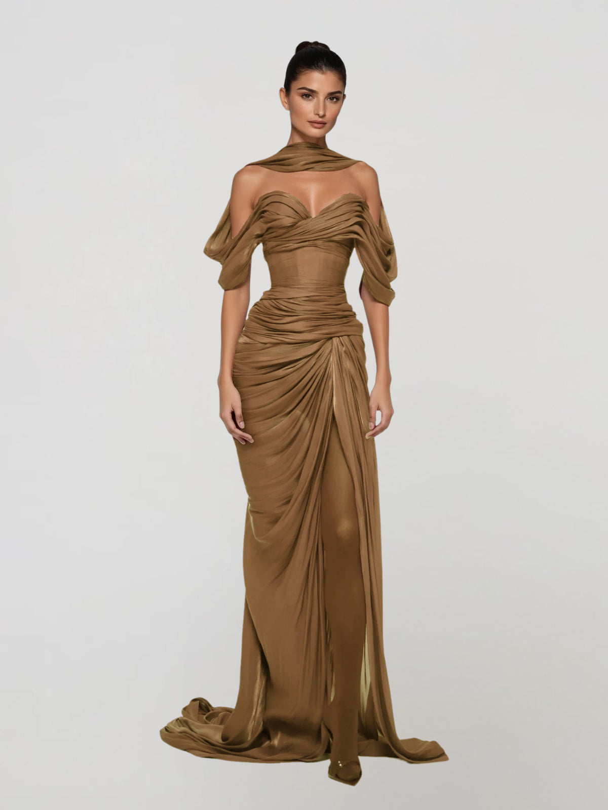 Drexen Off Shoulder Draped Maxi Dress In Khaki