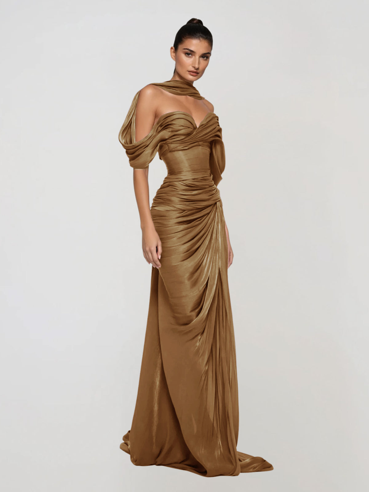 Drexen Off Shoulder Draped Maxi Dress In Khaki