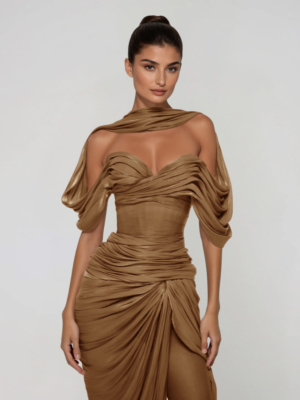 Drexen Off Shoulder Draped Maxi Dress In Khaki