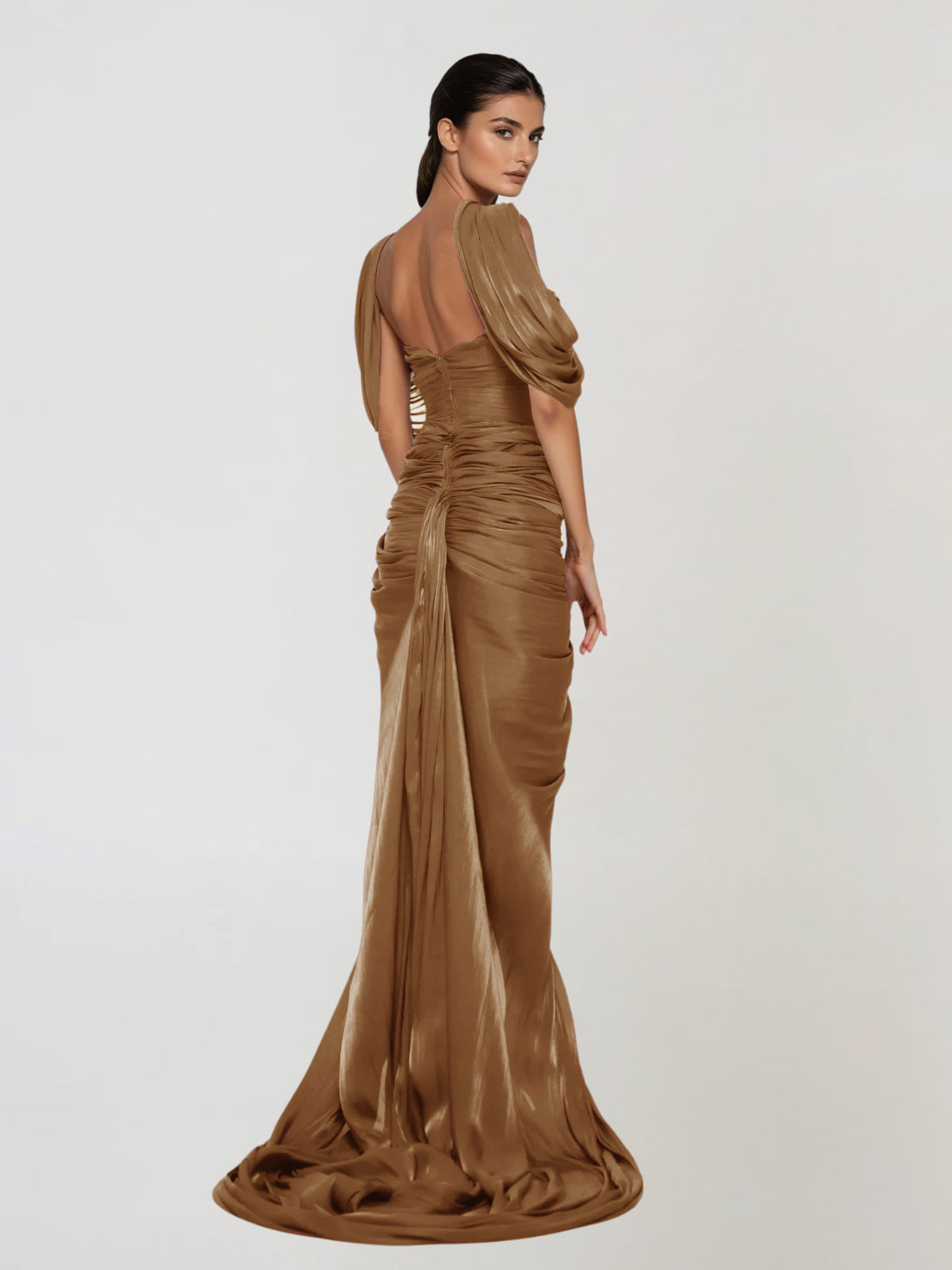 Drexen Off Shoulder Draped Maxi Dress In Khaki