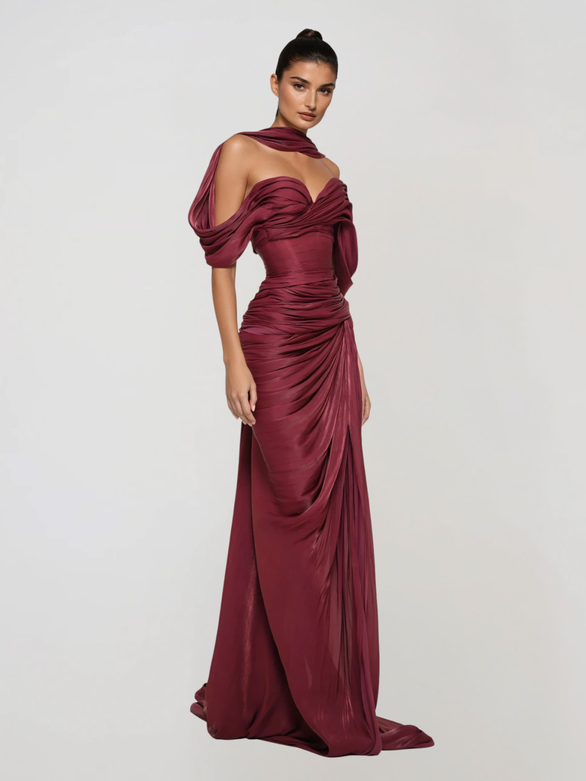 Drexen Off Shoulder Draped Maxi Dress In Wine