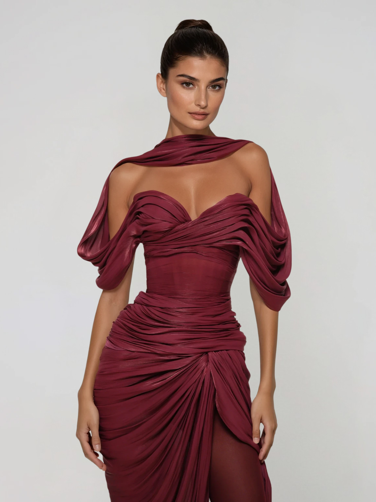 Drexen Off Shoulder Draped Maxi Dress In Wine
