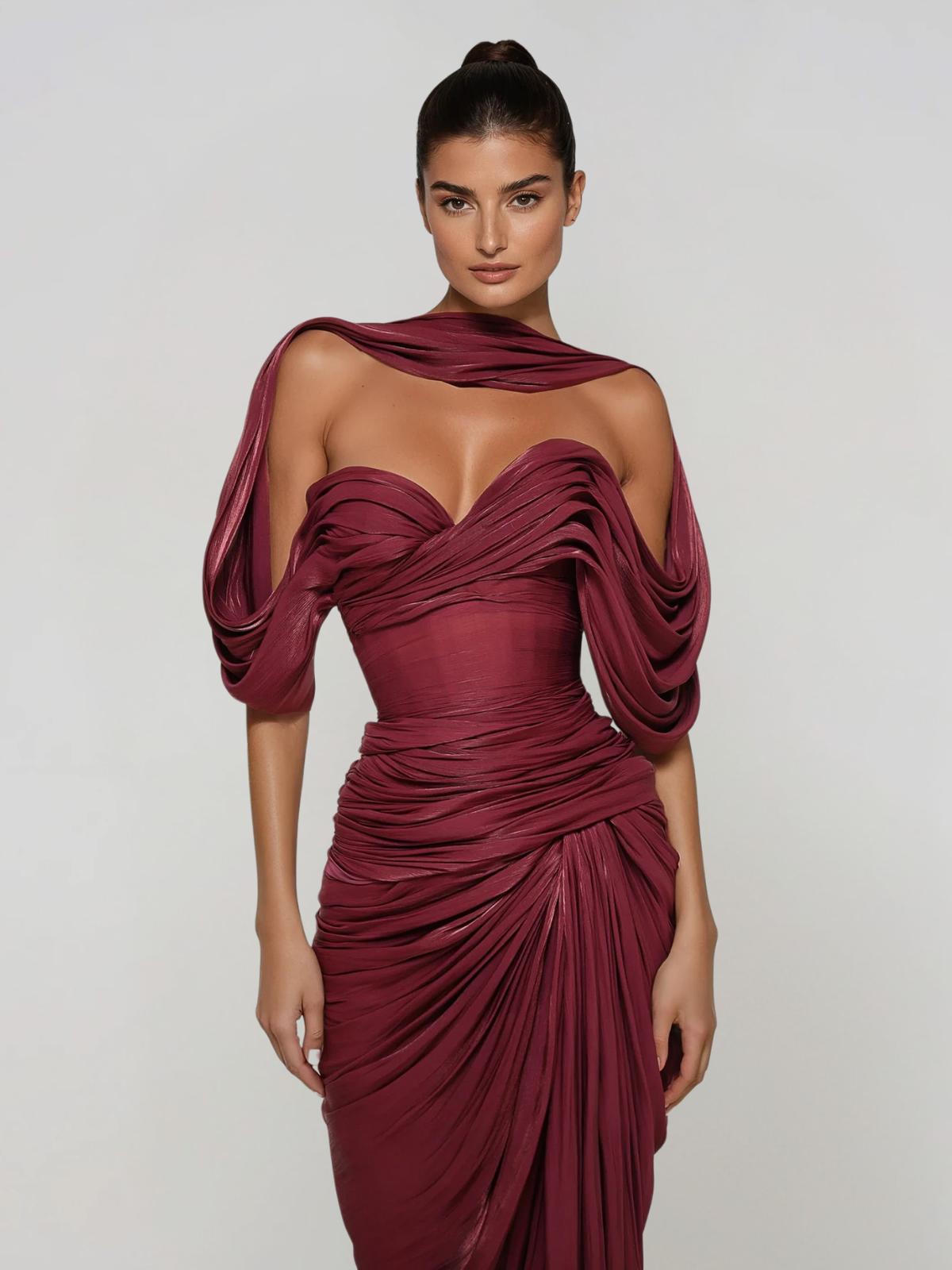 Drexen Off Shoulder Draped Maxi Dress In Wine