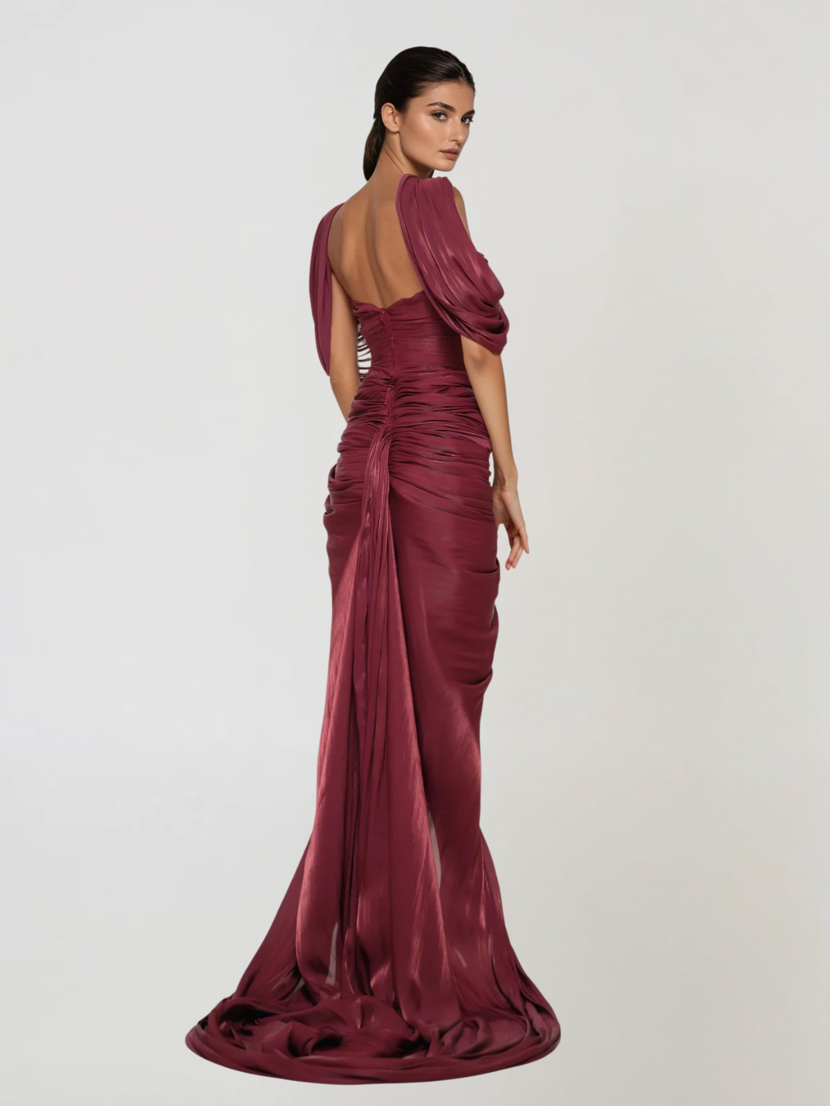 Drexen Off Shoulder Draped Maxi Dress In Wine