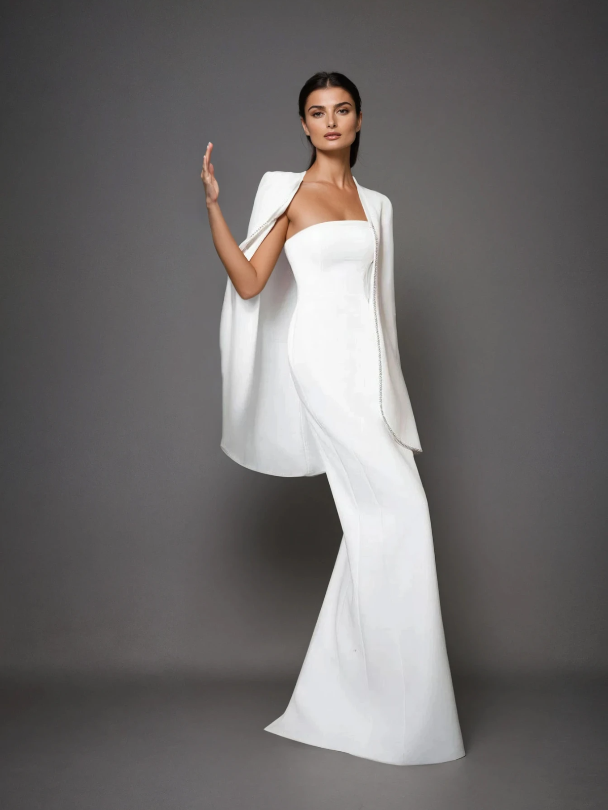 Drexor Strapless Cape Rhinestone Maxi Dress