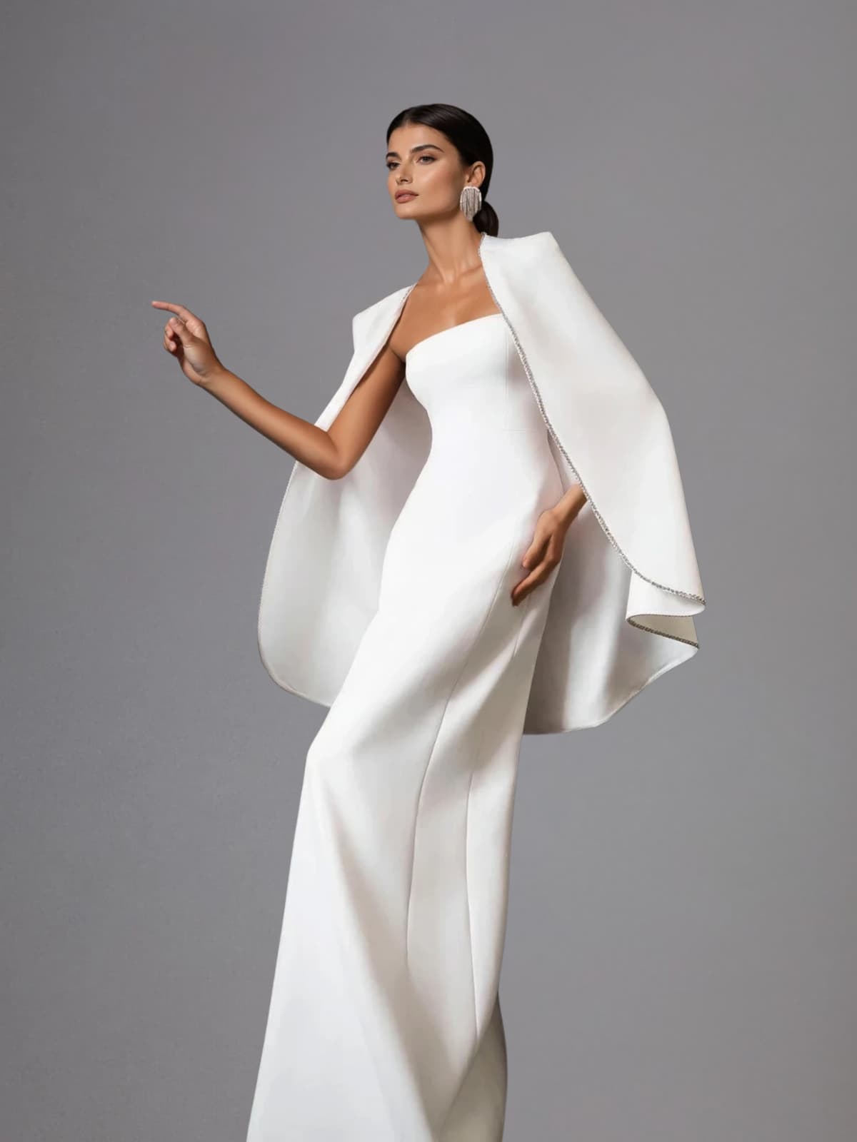 Drexor Strapless Cape Rhinestone Maxi Dress