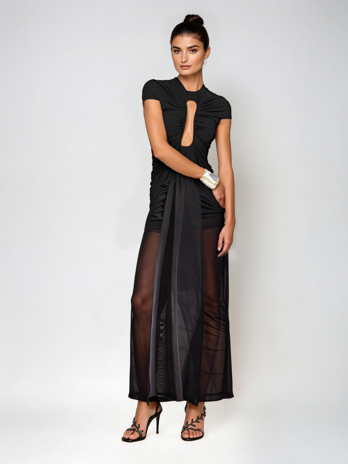 Drosyne Cutout Ruched Draped Maxi Dress In Black