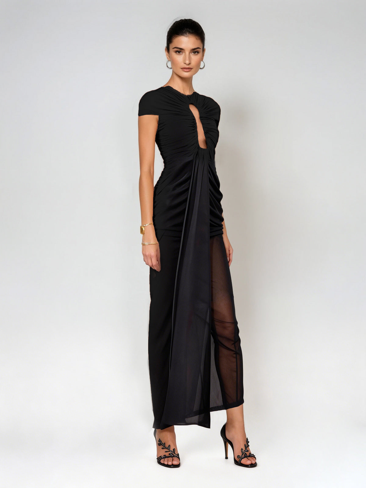 Drosyne Cutout Ruched Draped Maxi Dress In Black