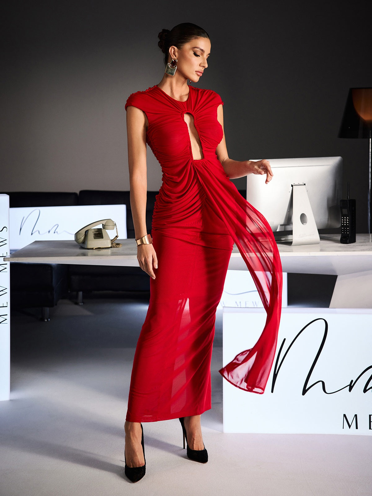 Drosyne Cutout Ruched Draped Maxi Dress In Red