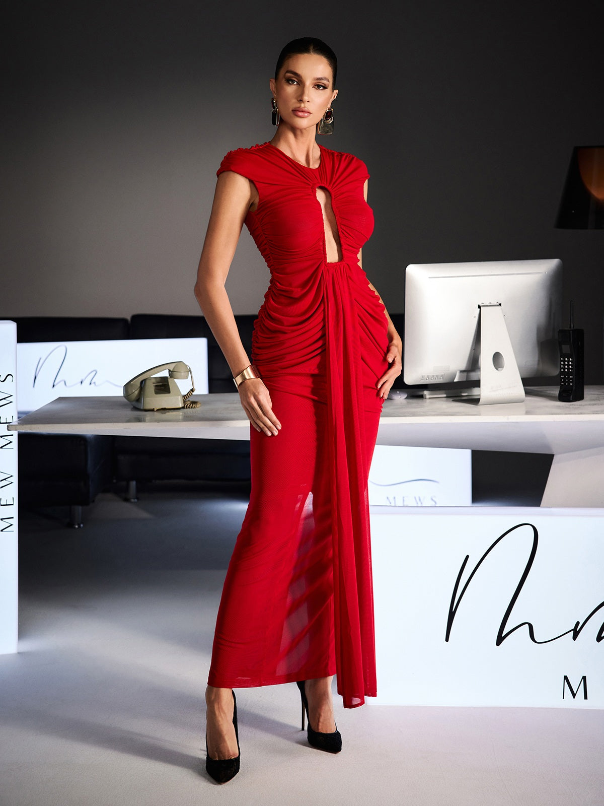 Drosyne Cutout Ruched Draped Maxi Dress In Red