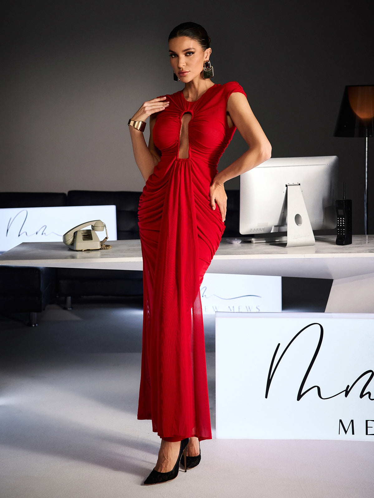 Drosyne Cutout Ruched Draped Maxi Dress In Red