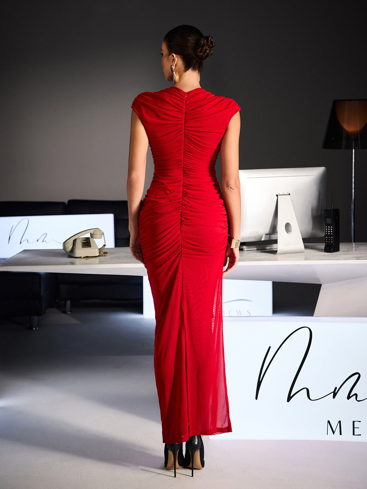 Drosyne Cutout Ruched Draped Maxi Dress In Red