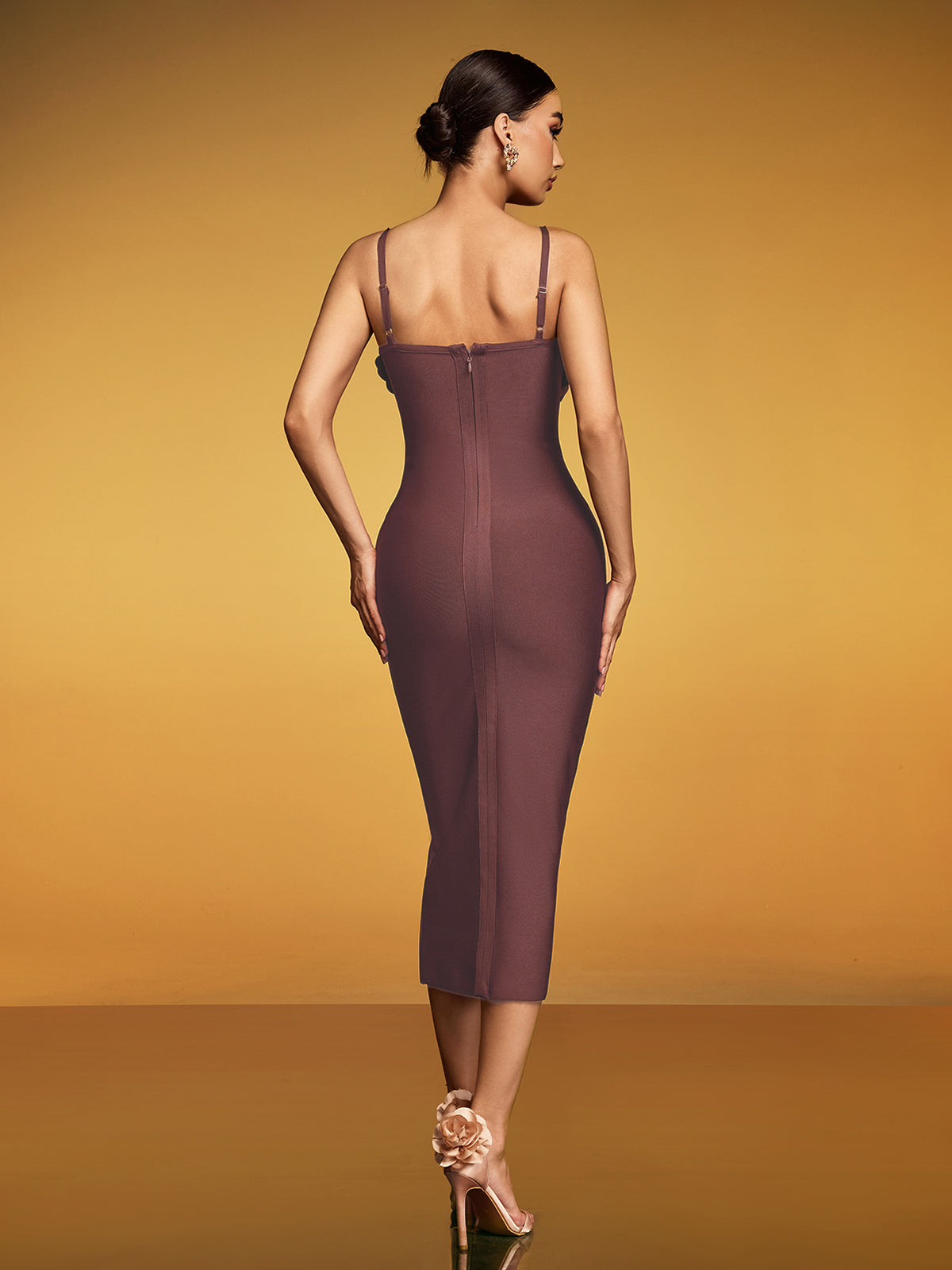 Drusite Spaghetti Flower Bandage Midi Dress