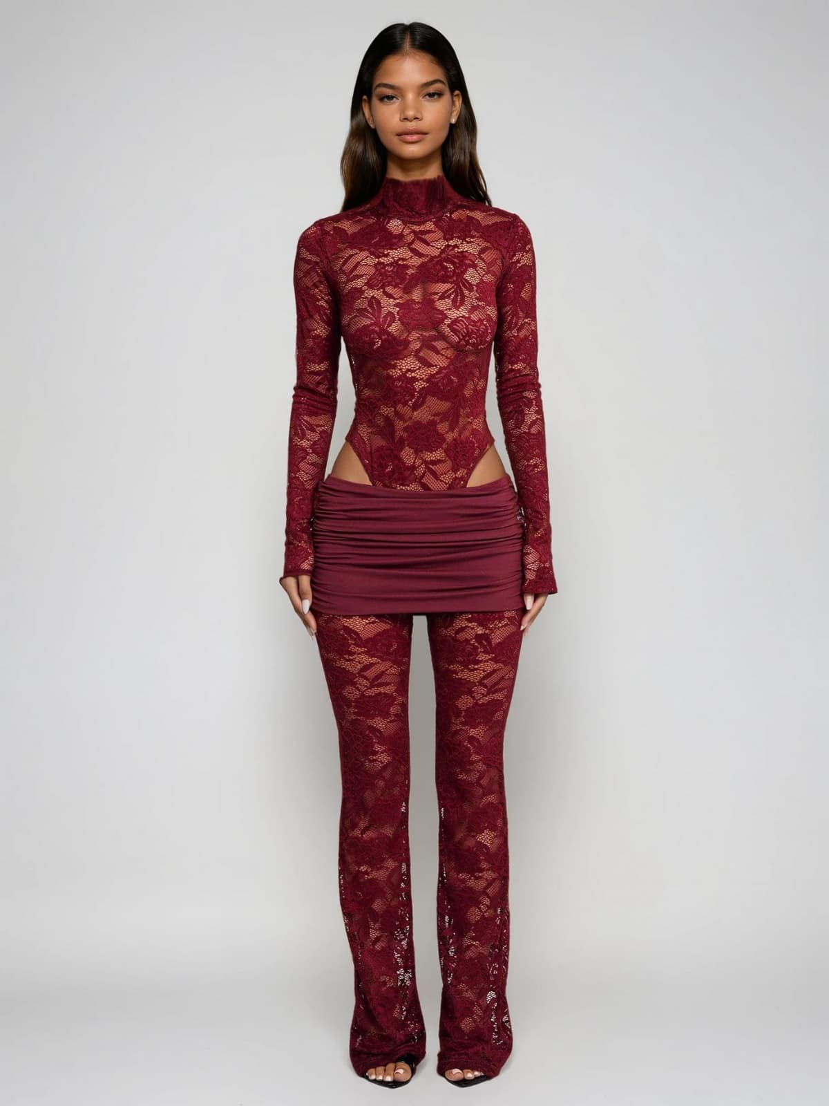 Druvian Cutout Lace Flare Pants Set