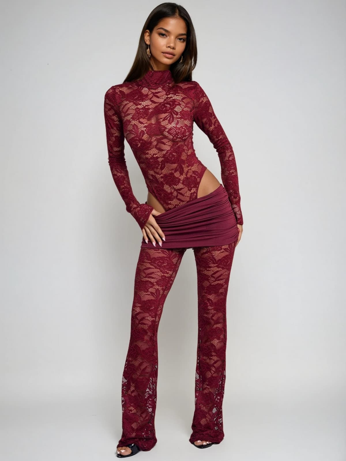 Druvian Cutout Lace Flare Pants Set
