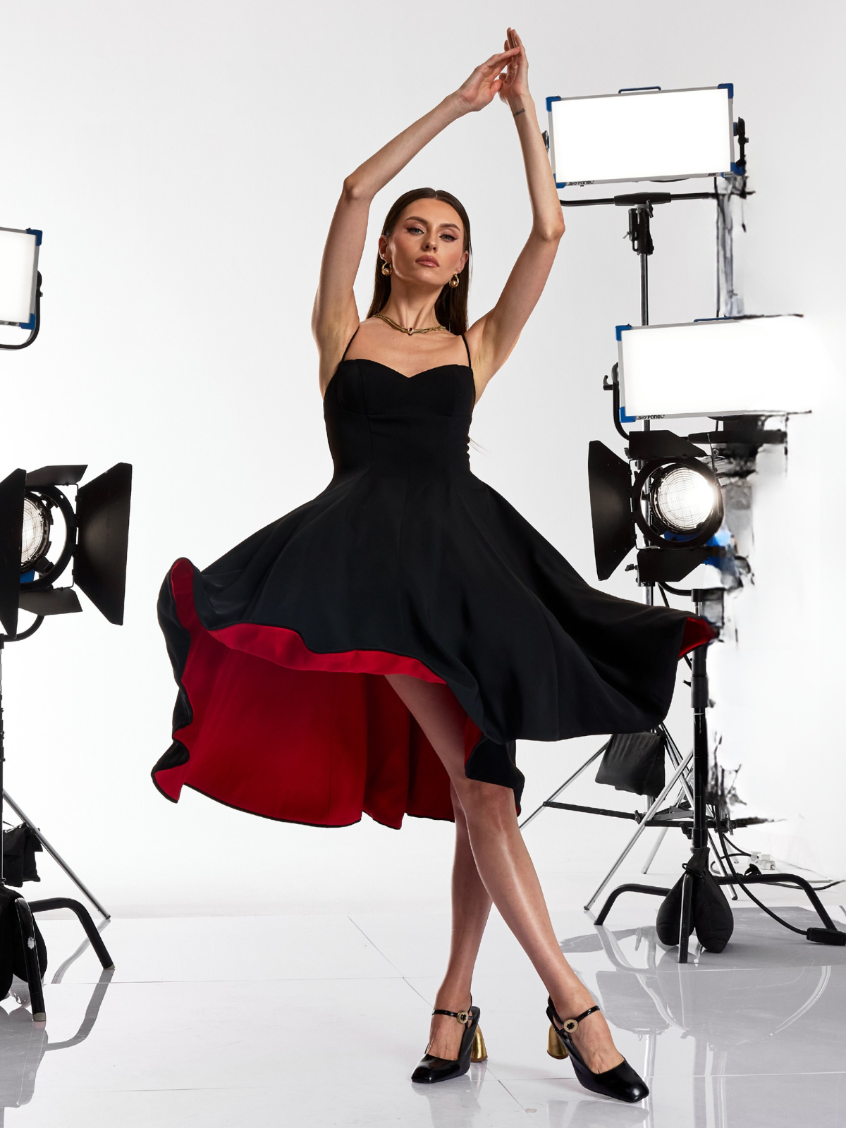 Drynex Spaghetti Red Sole Flared Midi Dress