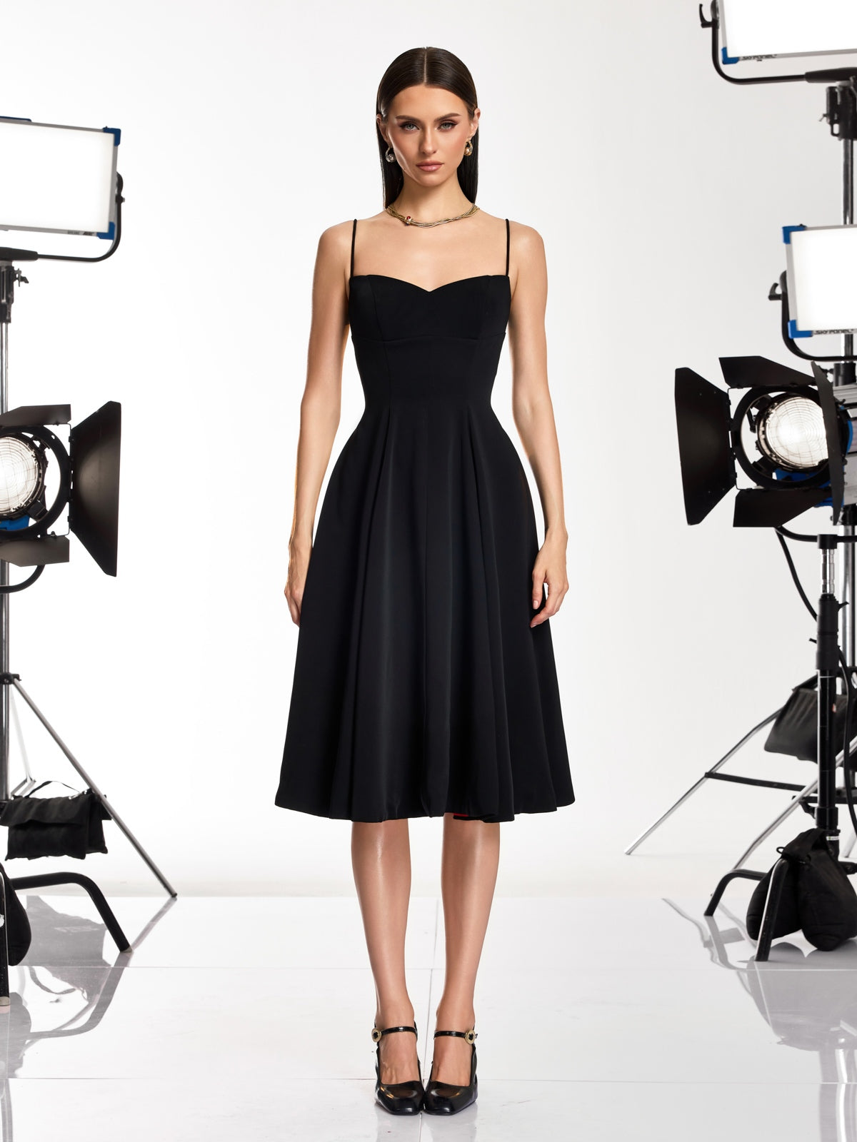 Drynex Spaghetti Red Sole Flared Midi Dress